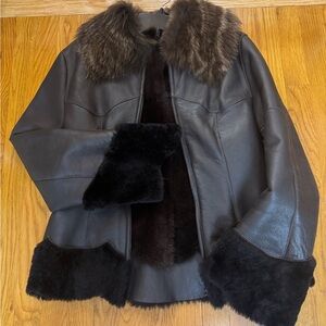 Elegant Dark Brown Leather Jacket with Fur Trim